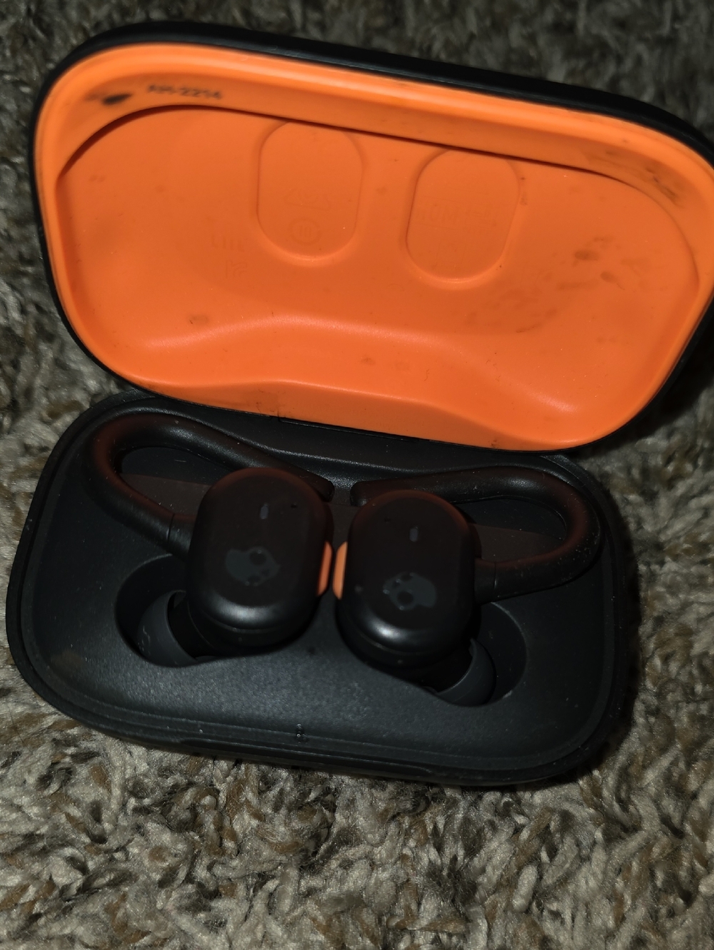 Skullcandy Black Earbuds with Orange Charging Case